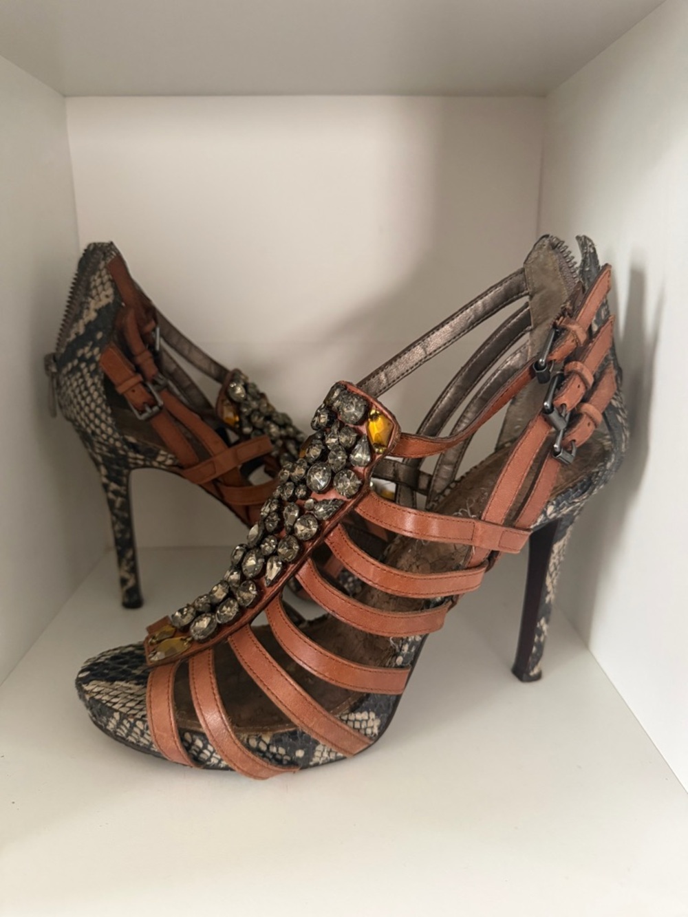 SAM EDELMAN Embellished Snake-Print Strappy High Heels in Brown